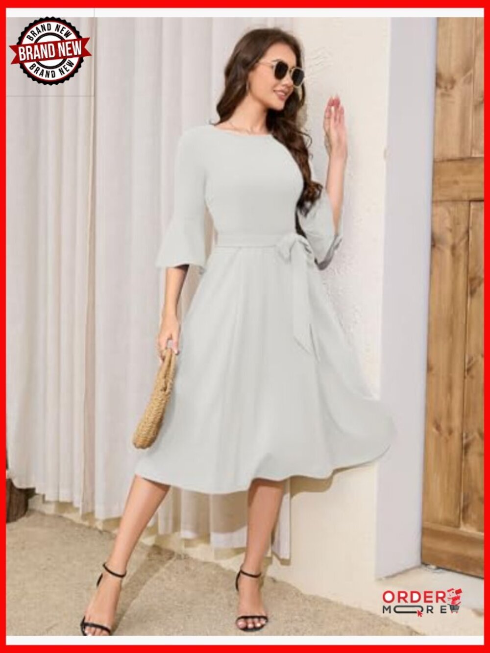 Modest Bell Sleeve Vintage A-Line Midi Dress with Belt - Picture 3 of 7